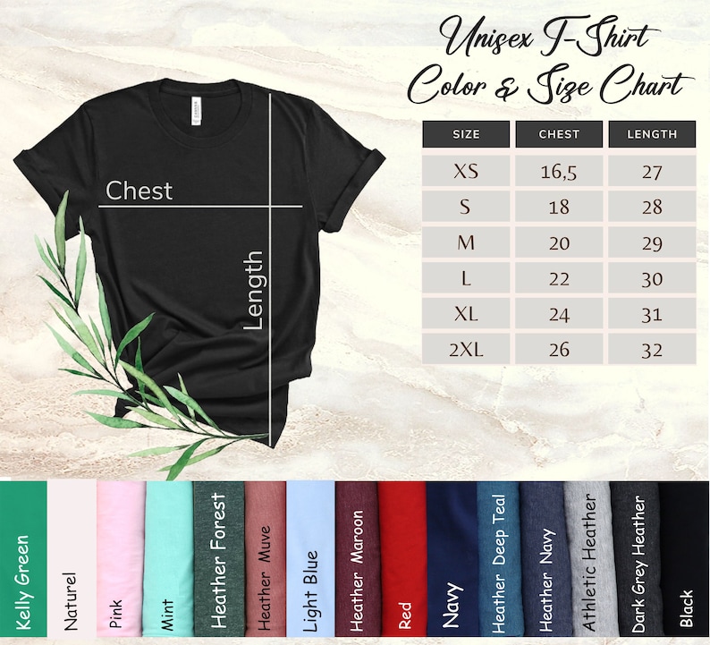 May include: Black unisex t-shirt with a color and size chart. The chart lists sizes XS to 2XL, chest measurements from 42 to 66 cm, and lengths from 69 to 81 cm. Color options include Kelly Green, Natural, Pink, and Black.