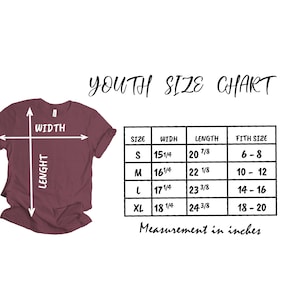 May include: A maroon t-shirt with a youth size chart. The chart shows measurements in inches for width and length, with sizes ranging from S to XL. The text "YOUTH SIZE CHART" is at the top.