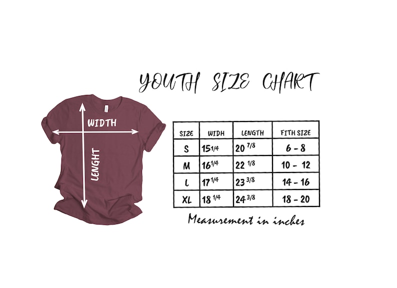 May include: A maroon t-shirt with a youth size chart. The chart shows measurements in inches for width and length, with sizes ranging from S to XL. The text "YOUTH SIZE CHART" is at the top.