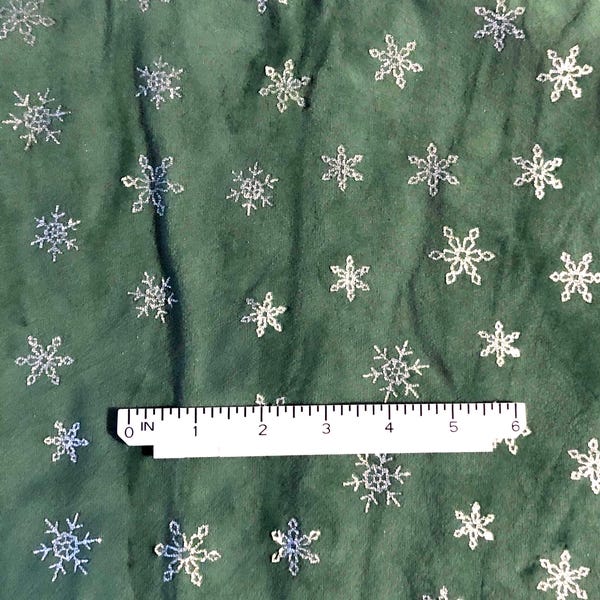 Velvet Christmas Green Sparkle Snowflakes 2 Way Stretch Fabric