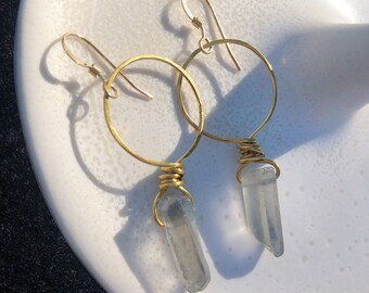 Quartz Crystal Earrings, quartz points, hammered wire