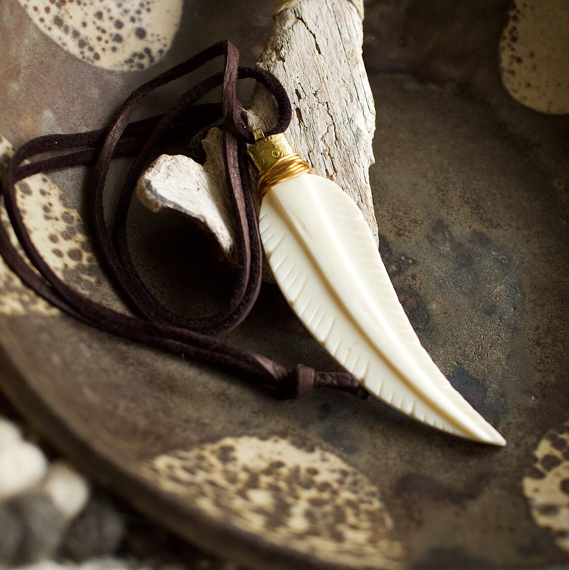 Carved Feather Necklace, Carved Bone Feather, Deer Skin Leather - Etsy