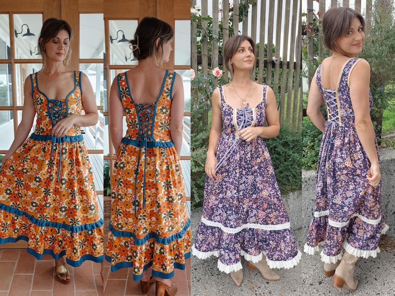 Puede incluir: Dos mujeres vistiendo largos vestidos de estampado floral con ribete de encaje. Los vestidos tienen un detalle de encaje en la espalda. Un vestido es naranja y azul, el otro es morado y blanco.