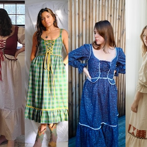 Puede incluir: Cuatro mujeres vistiendo diferentes estilos de vestidos vintage. Los vestidos son todos largos y vaporosos, con diferentes patrones y colores. Las mujeres est&aacute;n de pie frente a diferentes fondos.