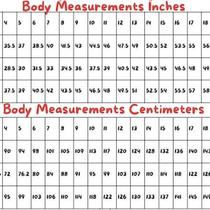 May include: A chart showing body measurements in inches and centimeters. The chart includes measurements for bust, waist, and hips. The measurements are listed for sizes 0 through 23.