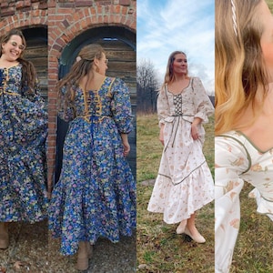 Puede incluir: Tres mujeres con vestidos de estampado floral diferentes. Los vestidos tienen mangas largas y todos llegan a la rodilla. Las mujeres est&aacute;n de pie en diferentes lugares, una frente a una pared de ladrillo, otra en un campo y otra en una zona cubierta de hierba.