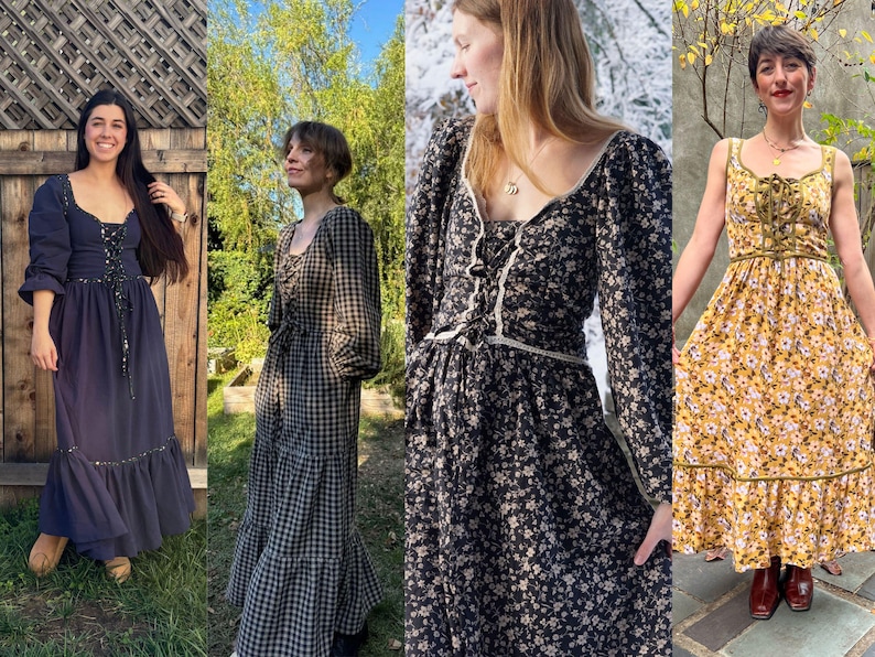 Puede incluir: Cuatro mujeres con diferentes estilos de vestidos largos florales. Los vestidos son todos en varios tonos de azul, negro y amarillo con patrones florales. Las mujeres est&aacute;n de pie frente a diferentes fondos, incluyendo una valla de madera, un arbusto verde y un paisaje nevado.