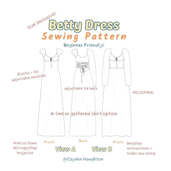 Betty Dress Sewing Pattern | Empire Waist | No Zipper | Adjustable | Gathered Neckline | A-line