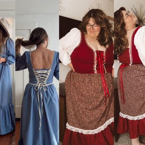 Puede incluir: Tres mujeres vistiendo diferentes estilos de vestidos con detalles de encaje y un corpi&ntilde;o estilo cors&eacute;. Los vestidos son azul, rojo y blanco, y marr&oacute;n y blanco.