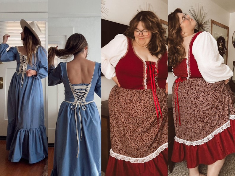 Puede incluir: Tres mujeres vistiendo diferentes estilos de vestidos con detalles de encaje y un corpi&ntilde;o estilo cors&eacute;. Los vestidos son azul, rojo y blanco, y marr&oacute;n y blanco.