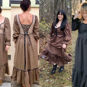 Puede incluir: Cuatro mujeres vistiendo vestidos de manga larga con detalles de encaje en la parte delantera y trasera. Los vestidos son de color marr&oacute;n, negro y un estampado marr&oacute;n y blanco. Las mujeres est&aacute;n de pie en diferentes poses frente a una variedad de fondos.