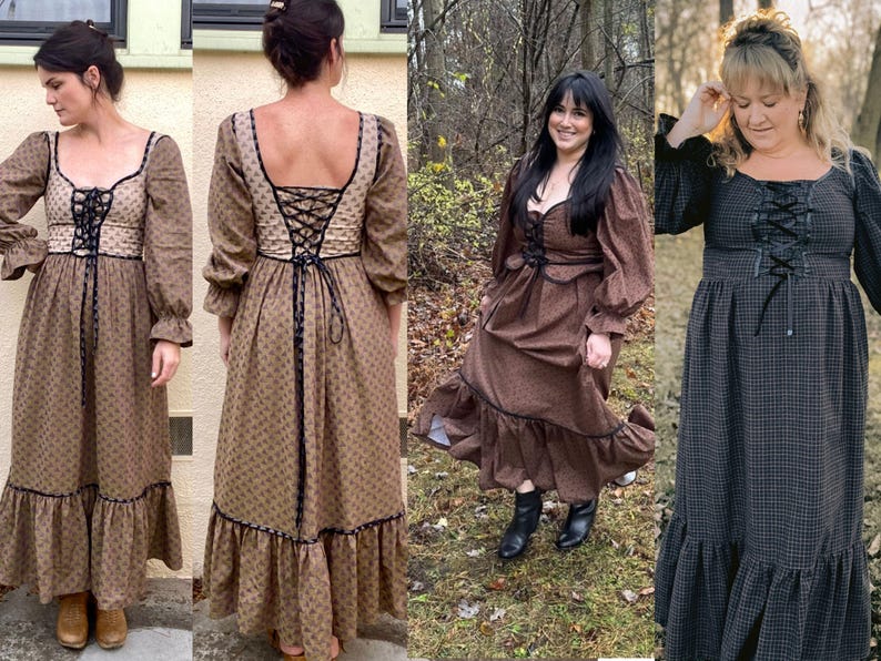Puede incluir: Cuatro mujeres vistiendo vestidos de manga larga con detalles de encaje en la parte delantera y trasera. Los vestidos son de color marr&oacute;n, negro y un estampado marr&oacute;n y blanco. Las mujeres est&aacute;n de pie en diferentes poses frente a una variedad de fondos.