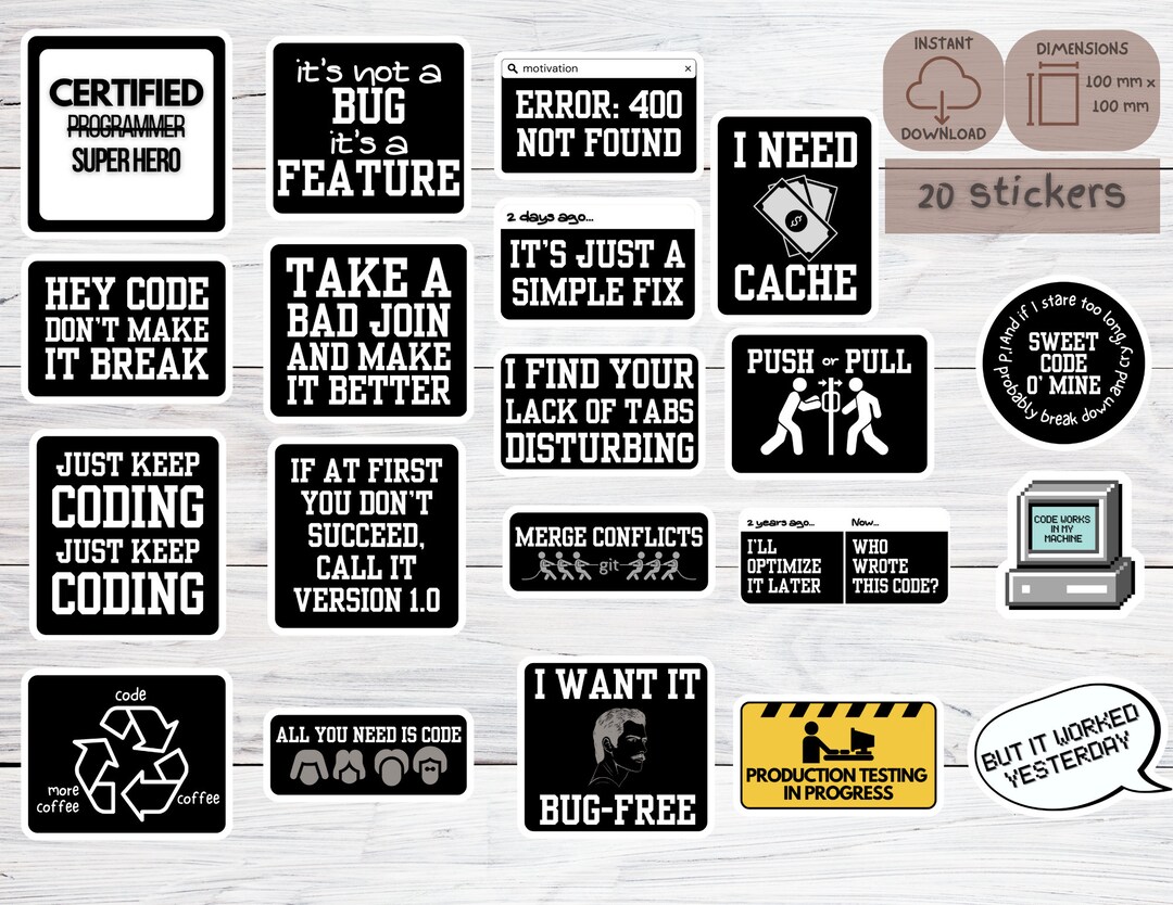 Programmer's Daily Humor Sticker Pack - Printable Set of 20 Funny Tech ...