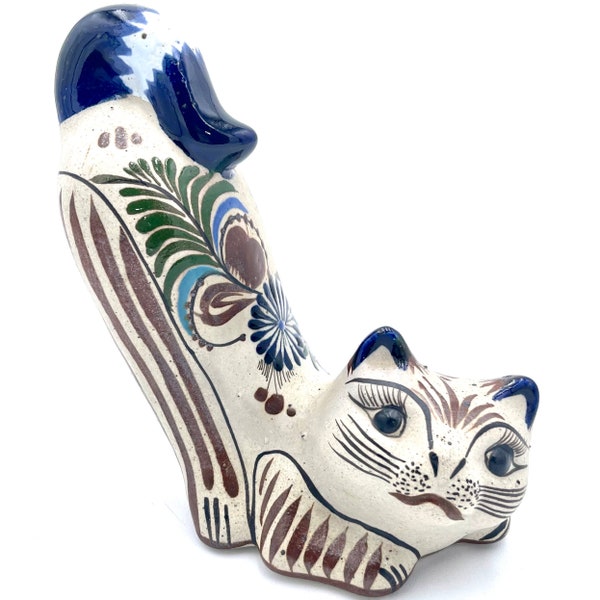Tonala Mexican Pottery Stretch Cat Kitten Hand Painted Signed Mateos Bookend Figurine 5.5”