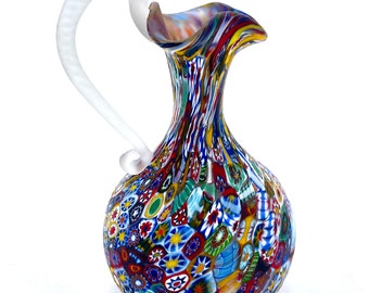 Fratelli Toso Murano Millefiori Art Glass Vase Pitcher Colorful Floral Italy Vintage Hand Blown Floral Italian