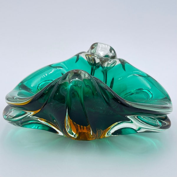 Vtg Murano Art Glass Handblown Turquoise Teal Amber Ashtray Dish Cadmium Glows