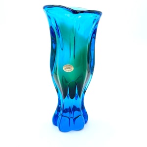 Glowy Uranium Art Glass Bohemia Czech Republic Green and Blue Hand Blown Twisted Vase Vintage