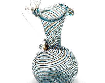 Vintage Signed Murano Bud Vase Perfume Bottle Pitcher Art Glass Hand Blown Blue Gold Swirl 4&quot;