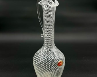 Murano Seguso Art Glass Carafe Vase White Lines Hand Blown MCM Vintage Italian