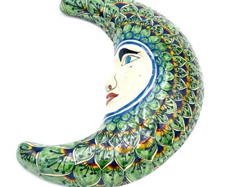 Vtg Talavera Moon Face Poterie Mexicaine Céramique Motif Art Populaire Luna Eclipse