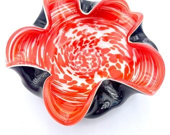 Murano Art Glass Handblown Black Orange White Ashtray Trinket Dish Vintage Italy Free Form Swirl