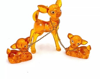 Figurines VTG Bambi maman et bébé cerf en plastique orange fabriqué à Hong Kong Kitsch a boîte