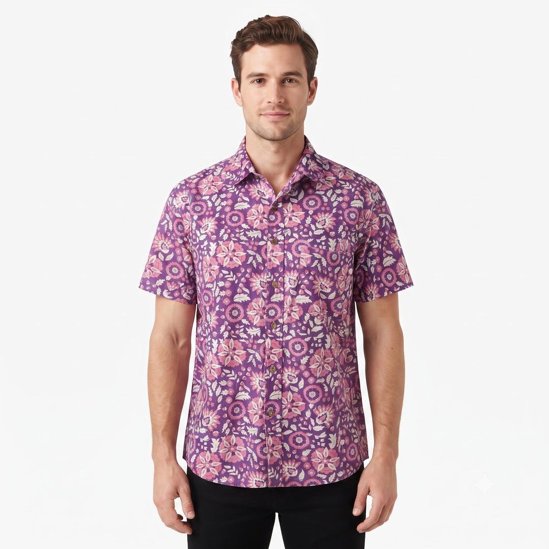 Purple Floral Block Print Men's Shirt - Traditional Sanganeri Cotton ...