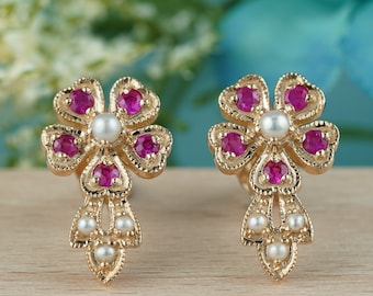 Genuine Ruby Earrings | Vintage Inspired Pearl Studs in 9K Gold Floral Design | July Birthstone Gifts for Her