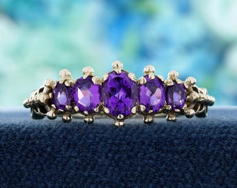 9K Yellow Gold Solid Amethyst Victorian Style Five Stone Band Ring