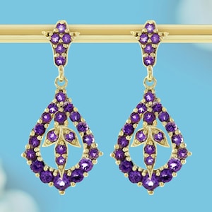 Natural Amethyst Drop Earrings in Solid 9K Gold – Vintage Style Purple Gemstone Dangle Jewelry for Women