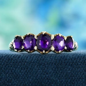 Natural Amethyst Ring in 9K Yellow Gold - Vintage Style Five Stone Carved Setting, Elegant Jewelry for Special Occasions