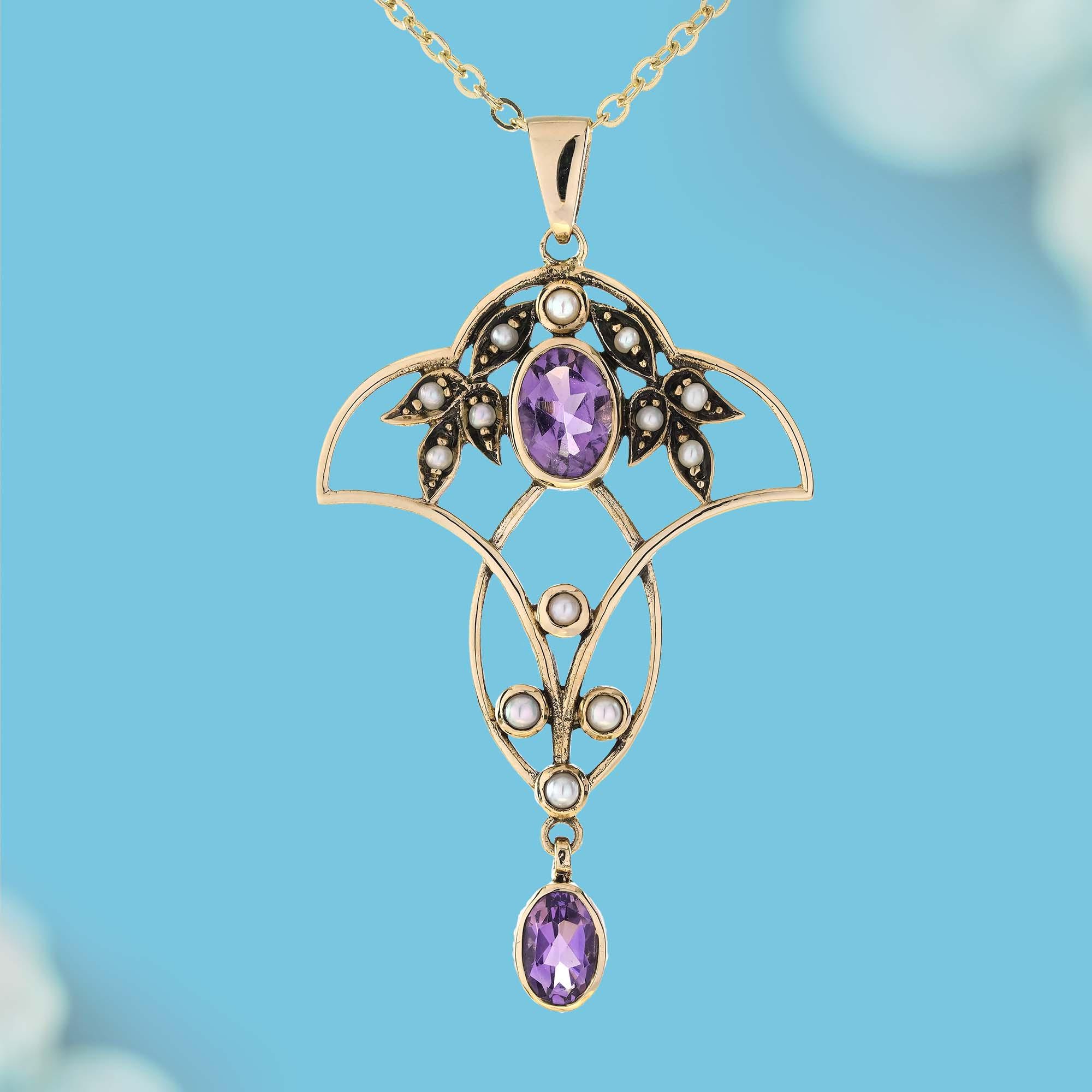 Natural Amethyst Pendant | Vintage Victorian Style Filigree Pearl Charm in Solid 9K Gold | Timeless Gift for Jewelry Lovers