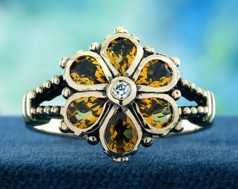 Citrine Floral Cluster Ring | 9K Yellow Gold, Vintage Diamond Engagement
