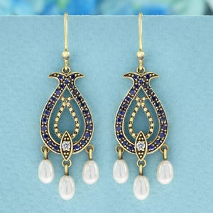 Natural Diamond Sapphire Pearl Vintage Drop Earrings | Solid 9K Gold Jewelry