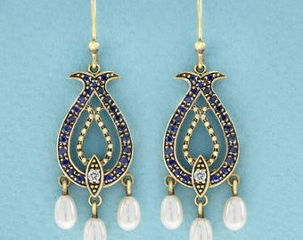 Sapphire Pearl Drop Earrings | Diamond Sapphire Earrings | 14K Gold