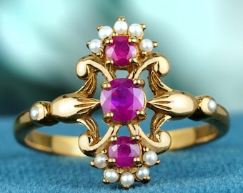 Three Stone Ring - Natural Ruby & Pearl Vintage Style in Solid 9K Gold Jewelry – Elegant Gift for Her