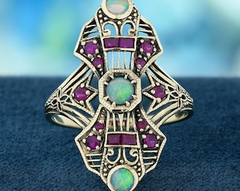 Anillo de ópalo y rubí estilo vintage / Anillo de cóctel de oro amarillo de 9 quilates