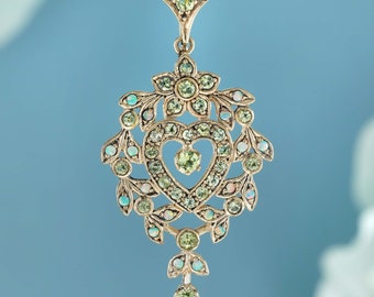 Natural Peridot and Opal Vintage Style Floral Heart Pendant in Solid 9K Yellow Gold