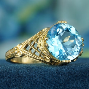 Natural 4.5 Ct. Blue Topaz Vintage Style Filigree Ring in Solid 9K Yellow Gold