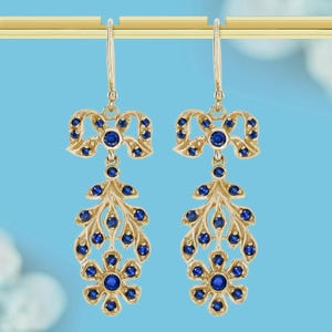 Natural Sapphire Earrings: Vintage Style Floral Dangle in Solid 9K Gold, Pearl Accents, Perfect Gift for Her