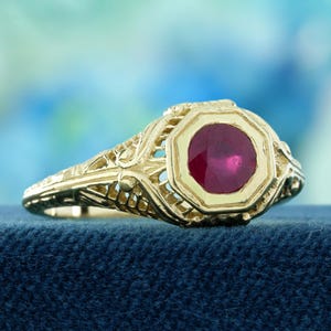 9K Yellow Gold Natural Ruby Vintage Style Filigree Ring, Antique-inspired Jewelry, Romantic Handcrafted Statement Piece