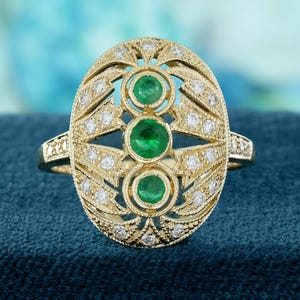 Natural Emerald and Diamond Vintage Style Three Stone Ring in Solid 14K Yellow Gold