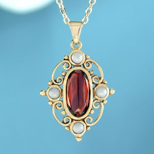 Natural Cabochon Garnet and Pearl Vintage Victorian Style Oval Pendant in Solid 9K Yellow Gold