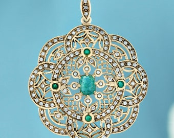 Natural Emerald Diamond Pearl Vintage Style Filigree Pendant in solid 9K Yellow Gold