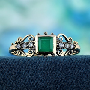 Emerald Diamond Ring | Edwardian Engagement Ring | Solid 14K Yellow Gold
