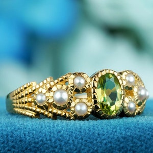 Natural Peridot Ring: Vintage Style Solitaire with Pearl in Solid 9K Yellow Gold, Unique Engagement Jewelry, August Birthstone Gift