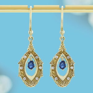 Blue Sapphire & Diamond Dangle Earrings Vintage Style 9K Solid Gold Elegant Natural Gemstone Jewelry