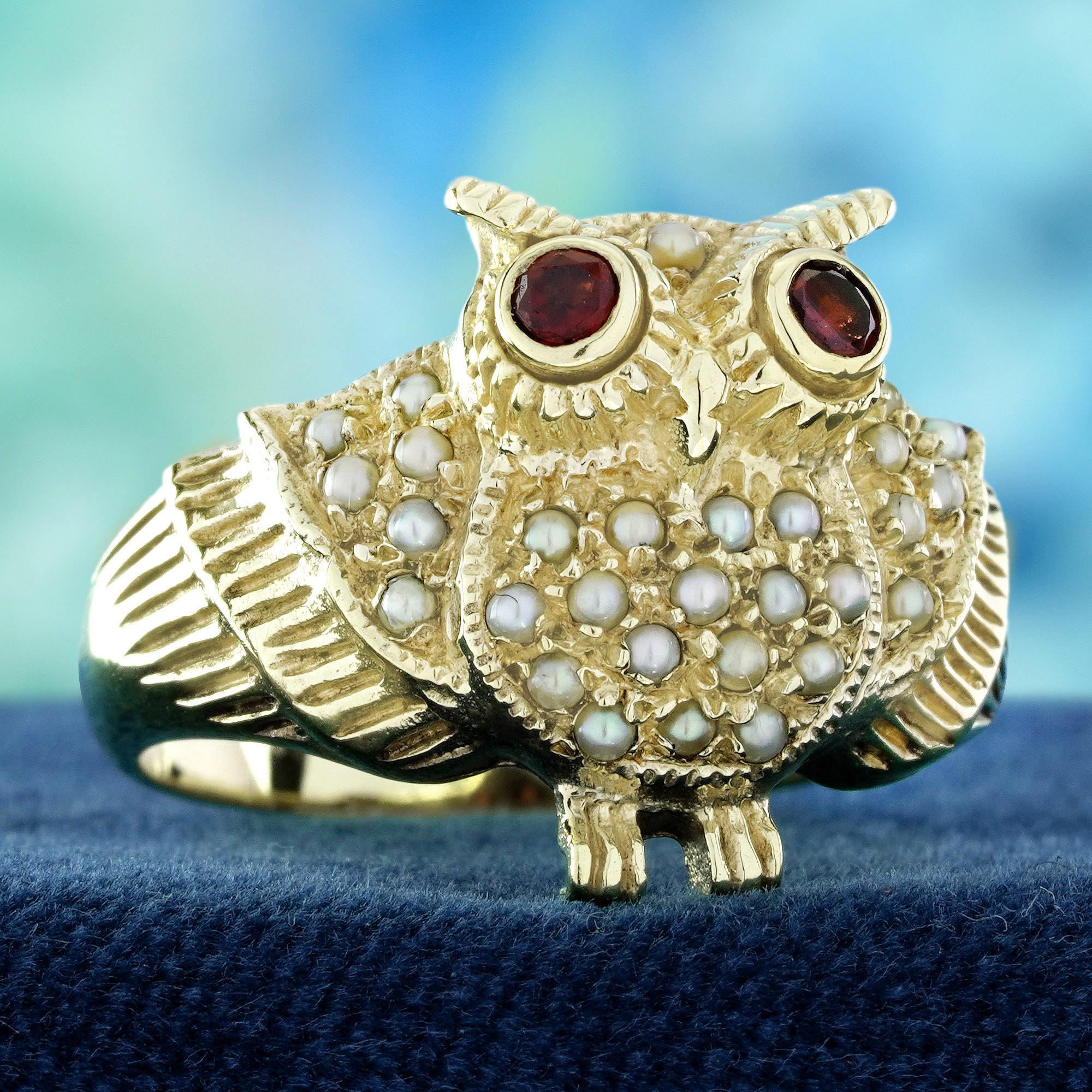 Garnet and Pearl Cluster Vintage Style Owl Ring in Solid 9K Yellow Gold