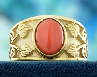 14K gouden ring met natuurlijk koraal | Vintage bladmotief