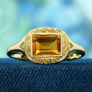 Ring - Natural Citrine Vintage Style Solitaire in Solid Yellow Gold - Elegant Gemstone Jewelry for Her, Unique Gift Idea